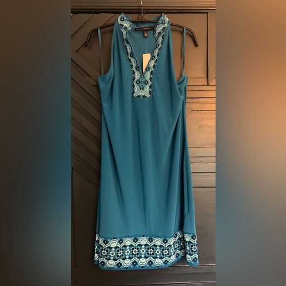 Vibrant Teal V-Neck Dress with Embellishments - Picture 1 of 8